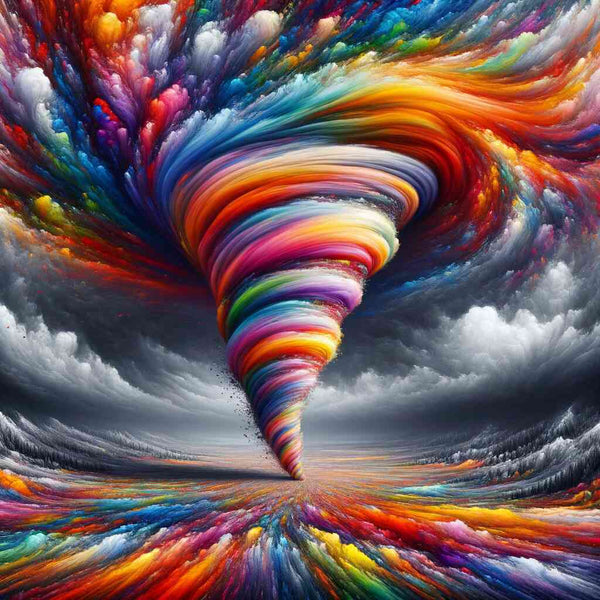 Paint by Numbers - Color Swirls of Passion masterpiece with vibrant reds, blues, yellows, and purples spiraling around a light-filled core.