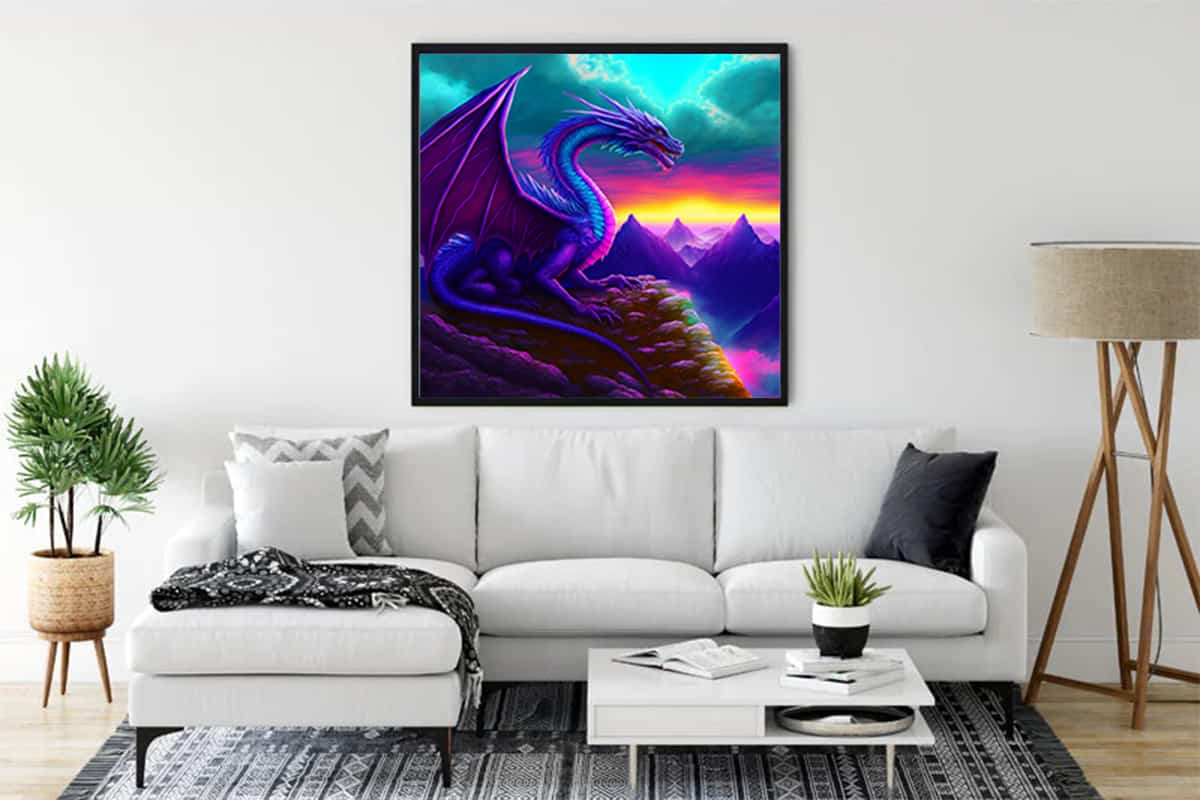 Diamond Painting Earth Guardians of Dragon on Wall Above White Sofa