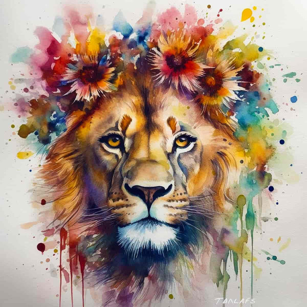 Vibrant Diamond Painting Kit depicting a majestic lion with colorful floral mane - Paint by Numbers.