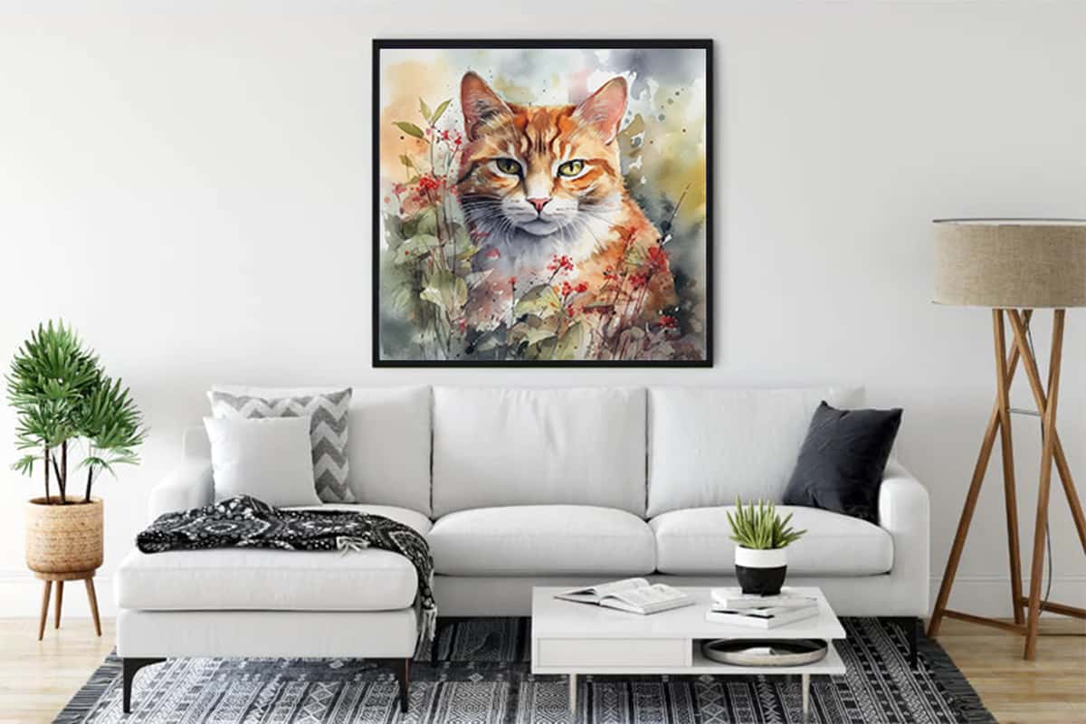 Diamond Painting Mischievous Cat in modern living room, Paint by Numbers artwork, sparkling art decor