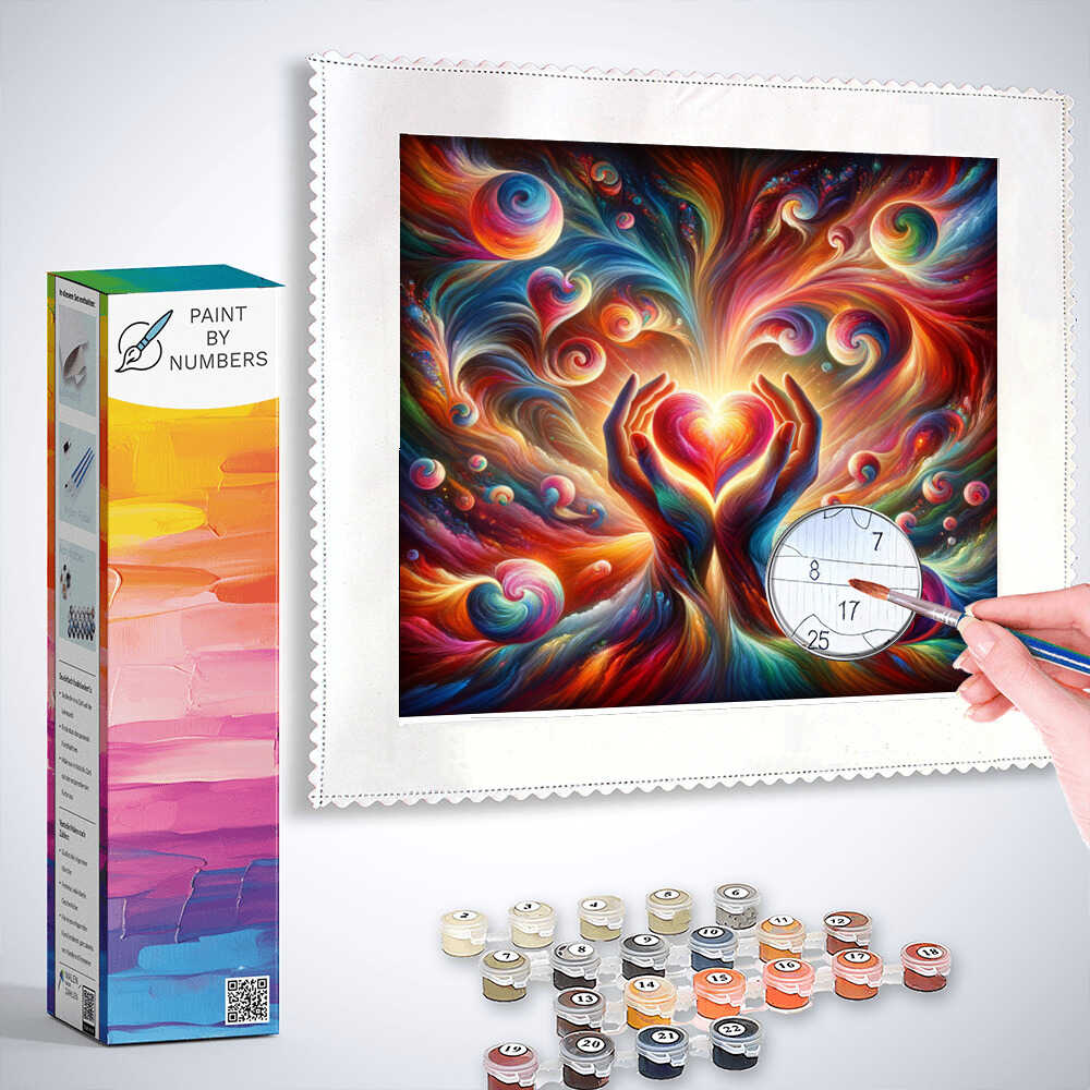 Paint by Numbers kit with heart swirl of colors abstract painting, featuring vibrant colors and hands reaching toward a glowing red heart