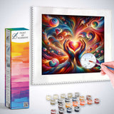 Paint by Numbers kit with heart swirl of colors abstract painting, featuring vibrant colors and hands reaching toward a glowing red heart