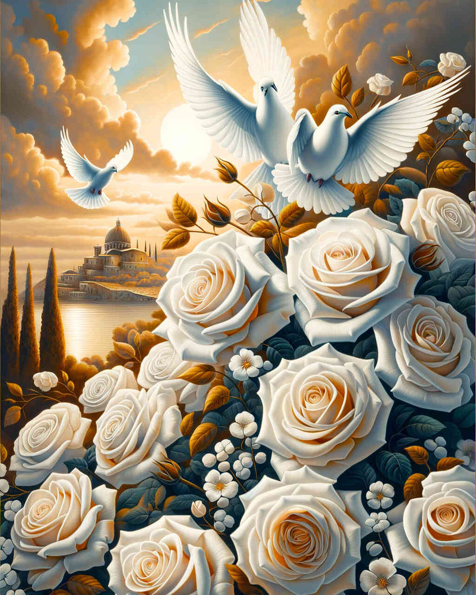 Bouquet of flowers, doves of peace - Paint by Numbers
