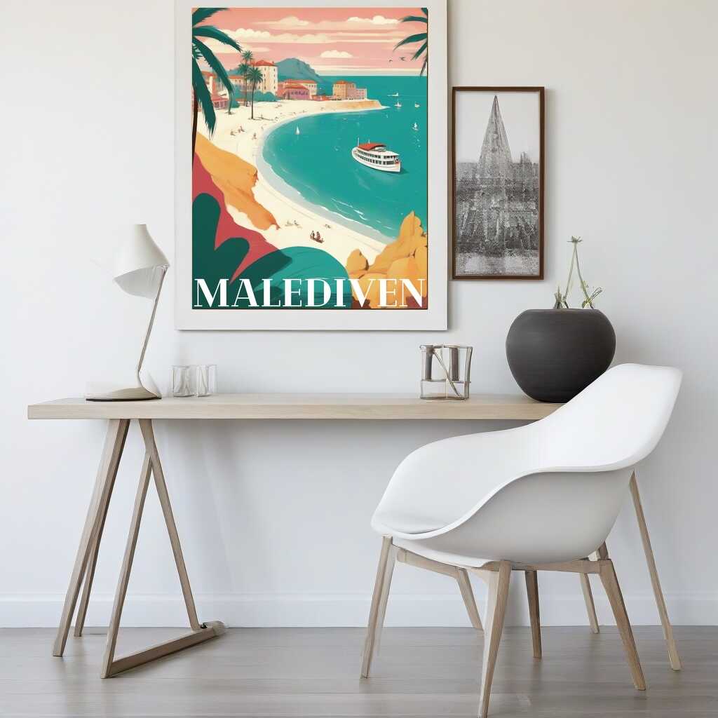 Modern desk setup with framed "Malediven" Mediterranean-themed art print showcasing a beach and blue sea hung on the wall.