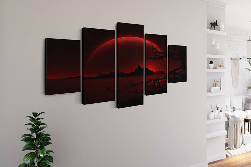 Malen nach Zahlen 5 teilig - Großer Roter Mond hinter den Bergen - hochwertige Leinwand - multi5, neue_bilder