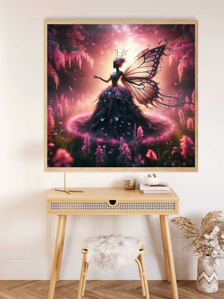 Fantasy Paint by Numbers kit - Spell of Awakening featuring an elegant fairy with butterfly wings in a pink and purple enchanted garden.