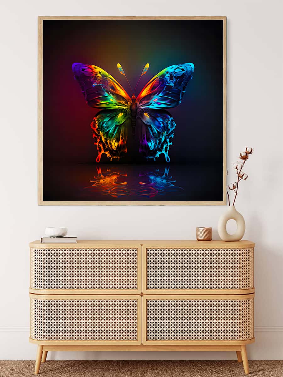 AB Diamond Painting - Butterfly Reflect displayed on wall above a wooden dresser, vibrant paint by numbers art with rainbow colors.