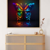 AB Diamond Painting - Butterfly Reflect displayed on wall above a wooden dresser, vibrant paint by numbers art with rainbow colors.