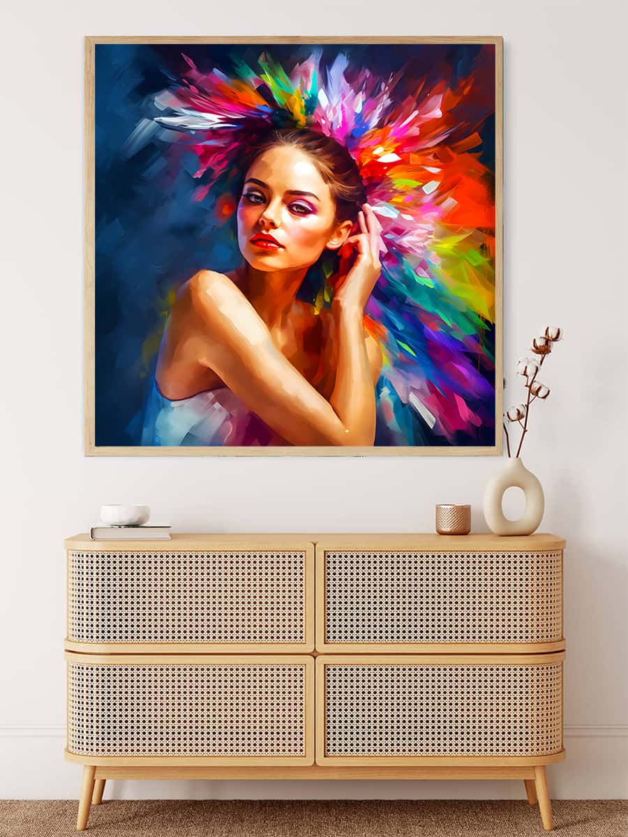 AB Diamond Painting - Abstract Hairstyle on a professionally framed canvas displayed above a wooden console. Paint by Numbers kit included.