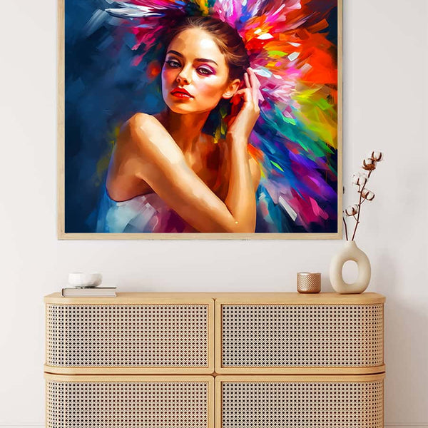 AB Diamond Painting - Abstract Hairstyle on a professionally framed canvas displayed above a wooden console. Paint by Numbers kit included.