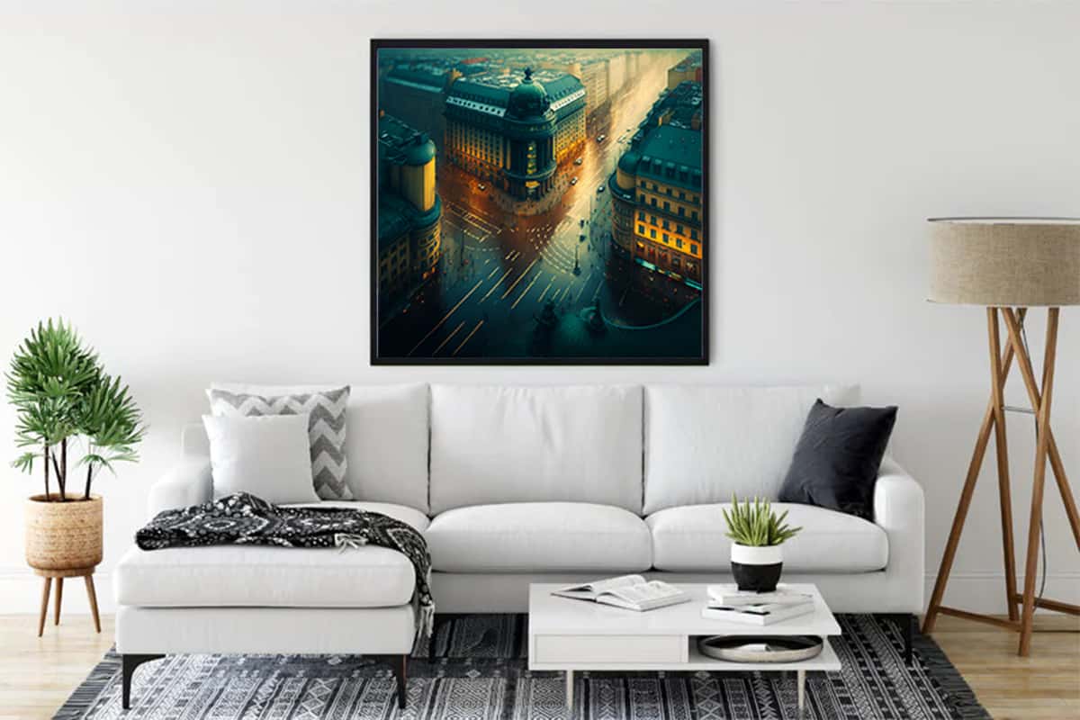 "Diamond Painting of Hamburg displayed in a modern living room - Paint by Numbers Kit with professional tools included"