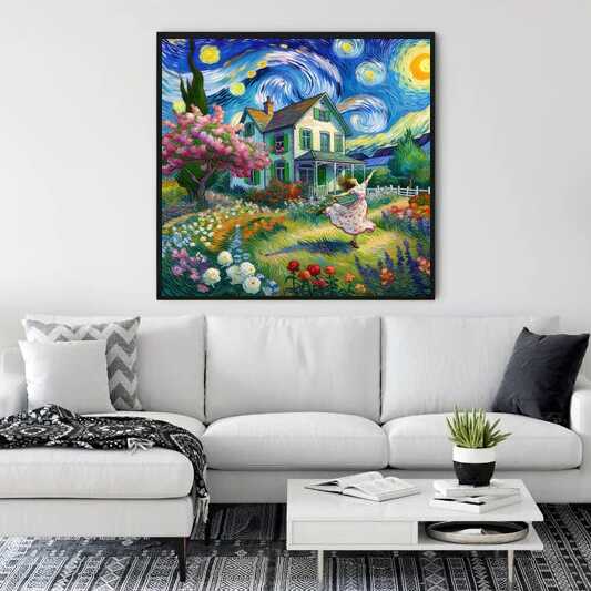 Paint by Numbers - Starry Night Whispers artwork displayed in a modern living room, depicting a vibrant house amidst colorful flowers and swirling stars.