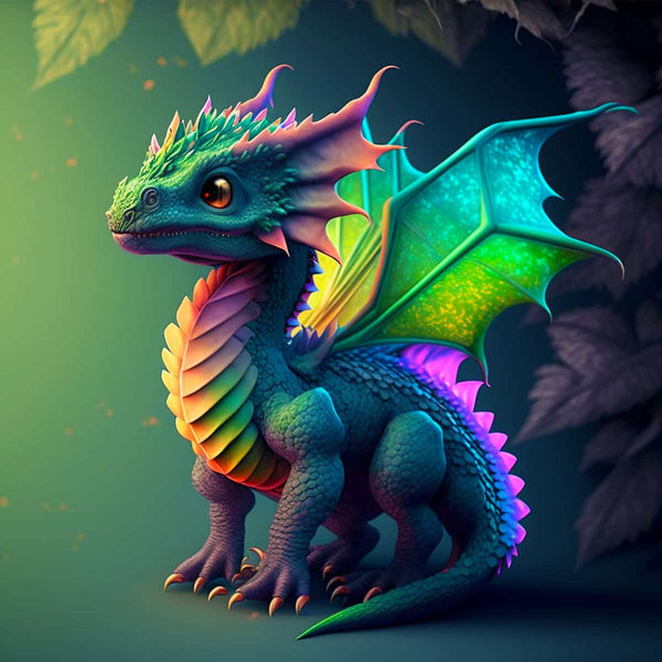 Colorful fantasy dragon illustration with vibrant wings and scales.
