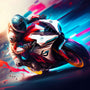 A dynamic digital artwork of a motorbike rider speeding on a vibrant, colorful path.