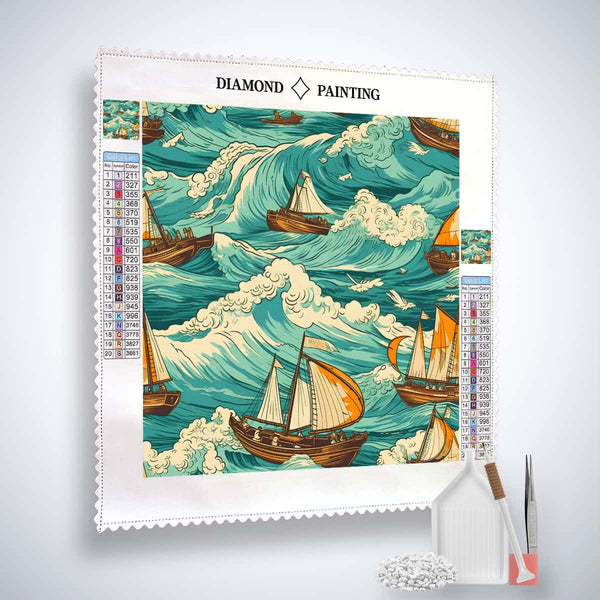 Diamond painting kit of ships at sea with professional canvas, acrylic diamonds, tweezers, and application pen. Perfect for paint by numbers enthusiasts.