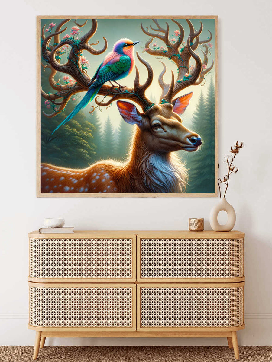 "Paint by Numbers - Forest Whispers: A Fairytale Forest Awakens featuring enchanted deer with flowering antlers and colorful bird in twilight forest"