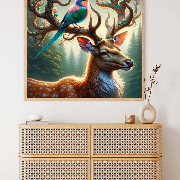 "Paint by Numbers - Forest Whispers: A Fairytale Forest Awakens featuring enchanted deer with flowering antlers and colorful bird in twilight forest"