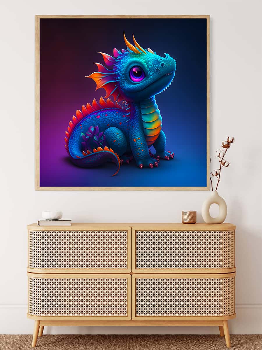 Vibrant and colorful diamond painting of a curious dragon hanging above a modern wooden dresser. Ideal for Paint by Numbers enthusiasts.