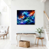 Diamond painting of a shimmering water horse in blue-turquoise waves turning into purple and orange mist, hanging on a living room wall