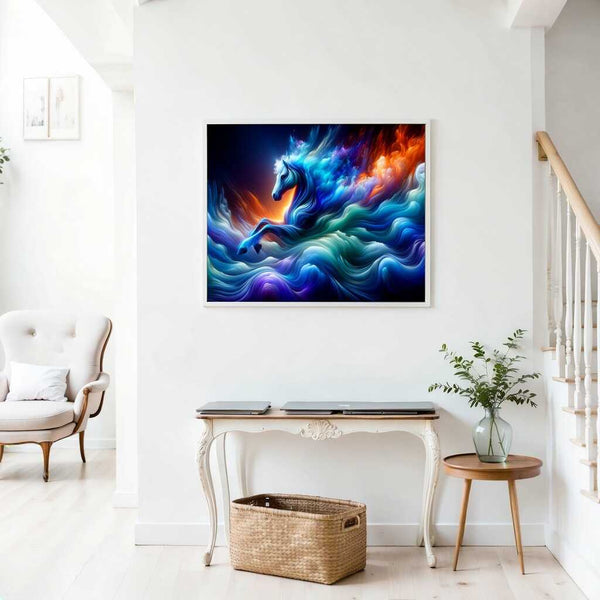 Diamond painting of a shimmering water horse in blue-turquoise waves turning into purple and orange mist, hanging on a living room wall