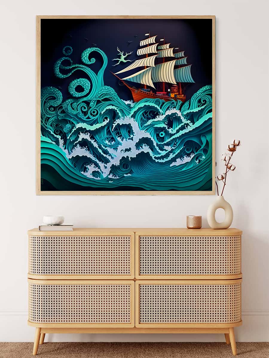 Diamond Painting - Rough Sea Paperart Turquoise, a paint by numbers kit featuring a ship in stormy waters with enhanced acrylic diamonds.