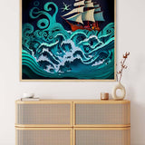 Diamond Painting - Rough Sea Paperart Turquoise, a paint by numbers kit featuring a ship in stormy waters with enhanced acrylic diamonds.