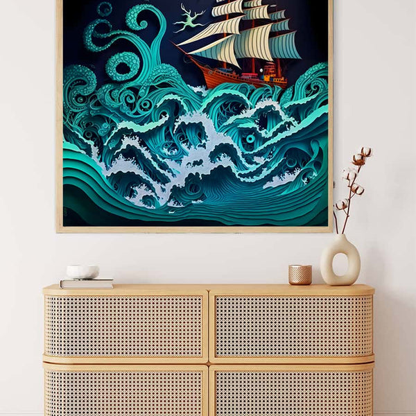 Diamond Painting - Rough Sea Paperart Turquoise, a paint by numbers kit featuring a ship in stormy waters with enhanced acrylic diamonds.
