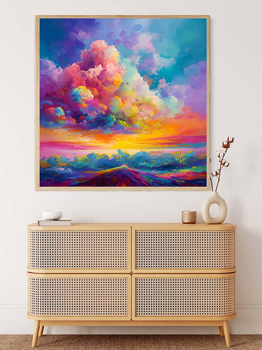 Abstract dream diamond painting kit showing a vibrant sunset with colorful clouds, perfect for paint by numbers enthusiasts.