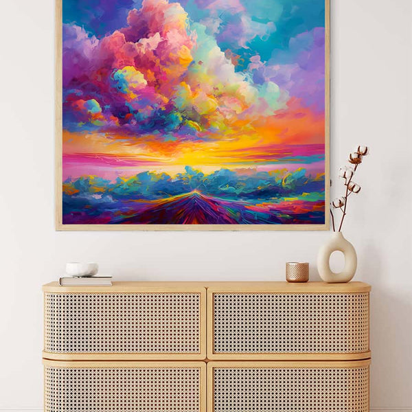Abstract dream diamond painting kit showing a vibrant sunset with colorful clouds, perfect for paint by numbers enthusiasts.