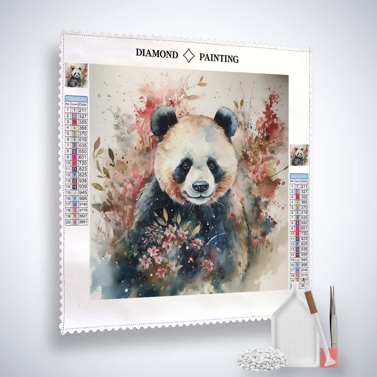 Diamond Painting Kit - Fluffy Panda Bear design on canvas with enhanced acrylic diamonds, tweezers, and application pen. Paint by Numbers art.