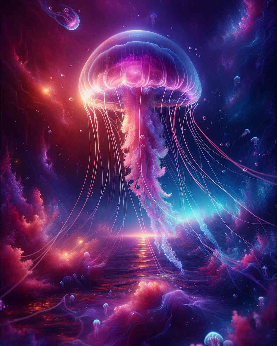 Glowing jellyfish in deep ocean, paint by numbers art with vibrant purple and pink hues, creating a serene underwater scene