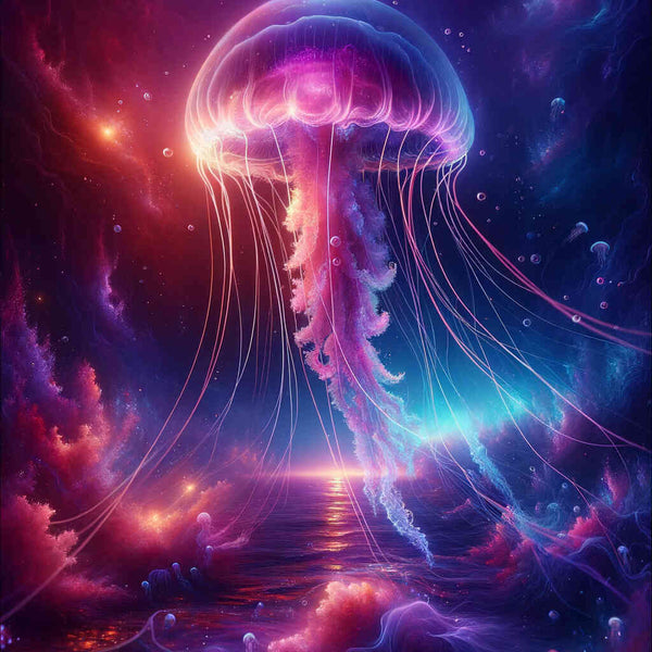 Glowing jellyfish in deep ocean, paint by numbers art with vibrant purple and pink hues, creating a serene underwater scene