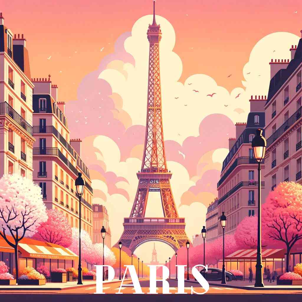 "Paint by Numbers - Parisian Spring Dream artwork featuring Eiffel Tower, pink and orange sky, blossoming trees, and fantasy elements"