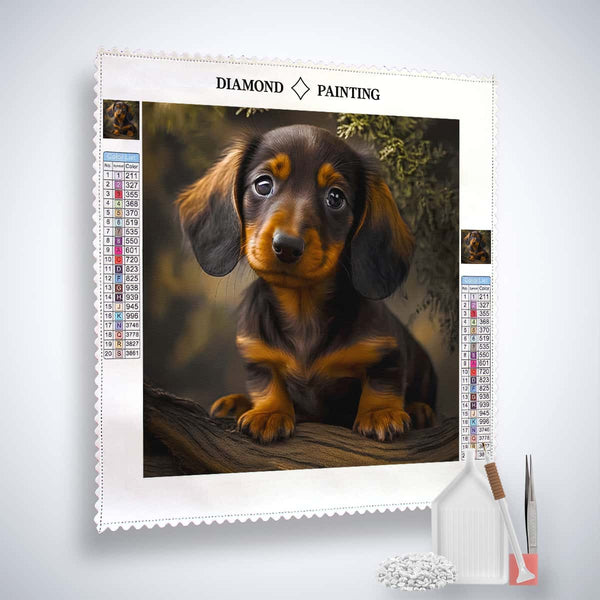 Diamond Painting Kit - Dachshund looking at camera on quality canvas with acrylic diamonds and tools, perfect for Paint by Numbers enthusiasts.