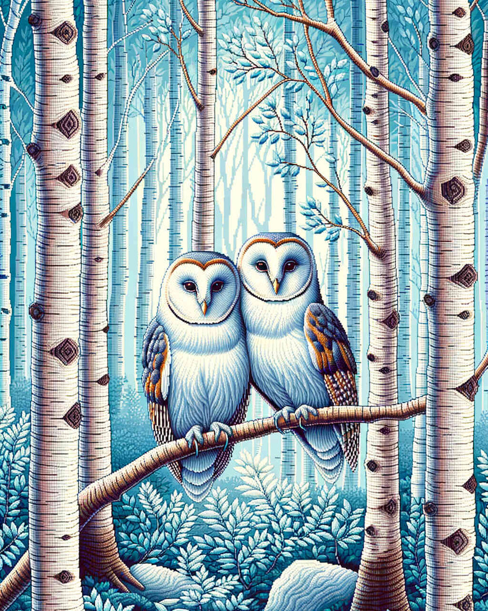 Paint by Numbers - Owl Couple in the Birch Forest