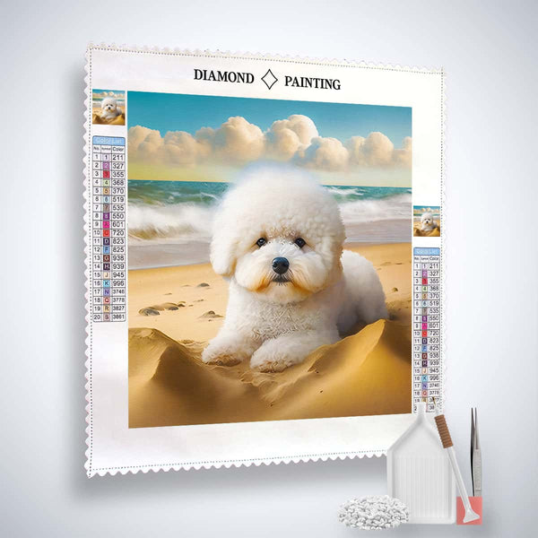 Diamond painting kit featuring a cute dog on the beach with professional canvas and painting tools for paint by numbers enthusiasts.