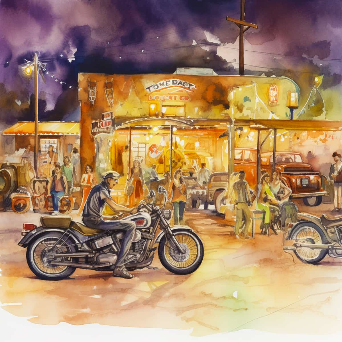 Watercolor painting of a motorcyclist outside a lively vintage diner at night