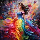 Elegant woman in colorful, flowing dress surrounded by vibrant paint splashes - Paint by Numbers 