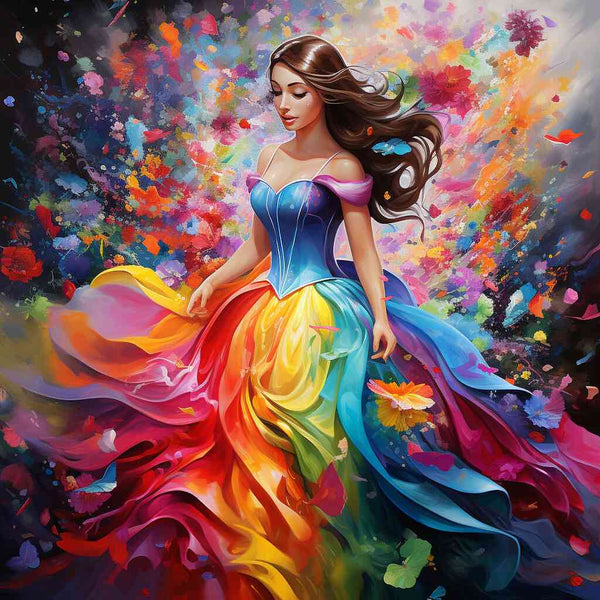 Elegant woman in colorful, flowing dress surrounded by vibrant paint splashes - Paint by Numbers "Color Rush of Feelings"
