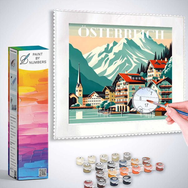 Paint by Numbers - Alpiner Zauber, featuring a charming Austrian village with mountains, church tower, and inviting balconies.