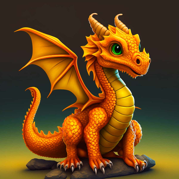 Cute orange dragon with green eyes, sitting on a rock - Diamond Painting - Dragon Guard kit. Paint by Numbers. Art that sparkles!