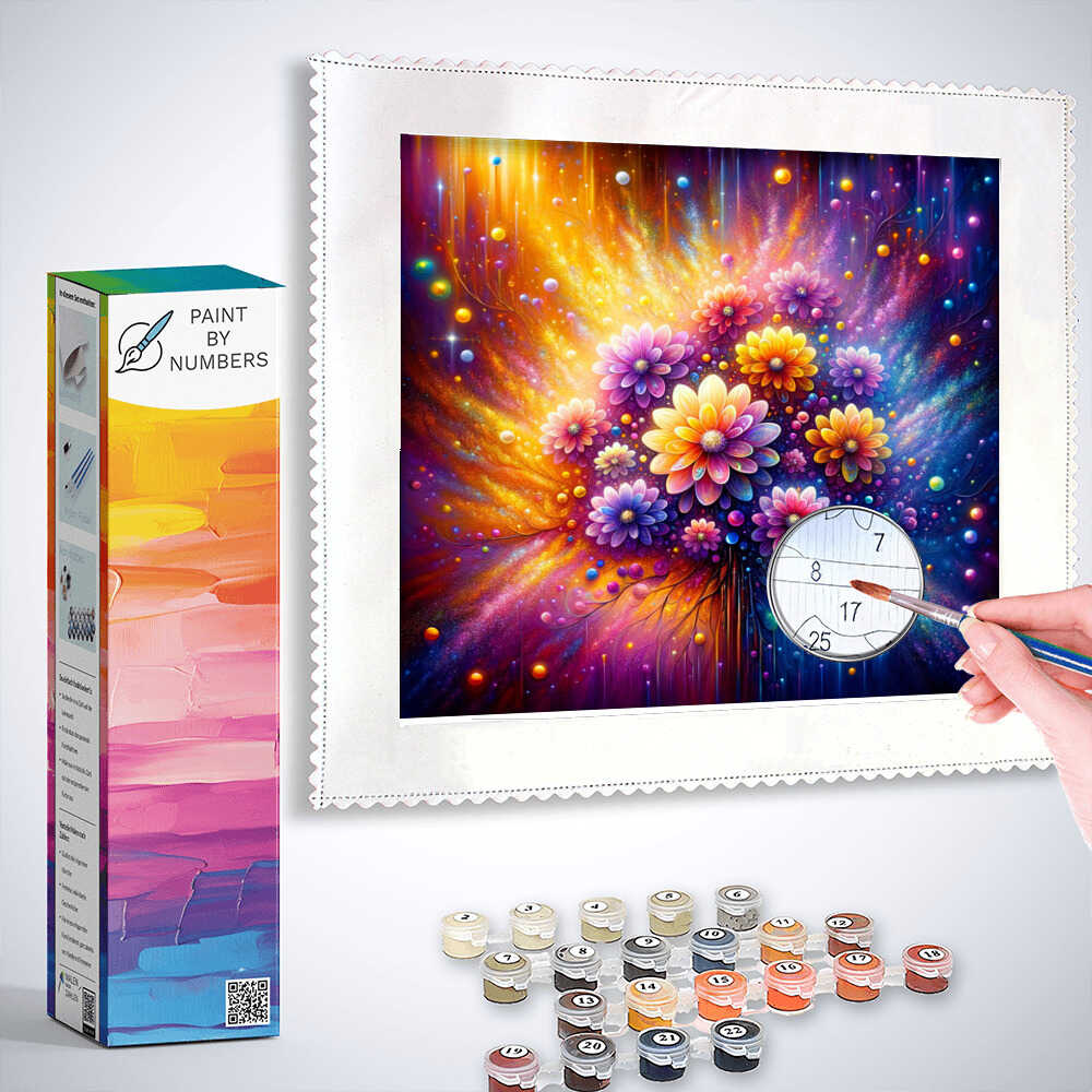 Paint by Numbers kit of Joy of Color: The Glow of Rain Flowers, featuring a vibrant floral canvas and painting tools set.