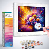 Paint by Numbers kit of Joy of Color: The Glow of Rain Flowers, featuring a vibrant floral canvas and painting tools set.