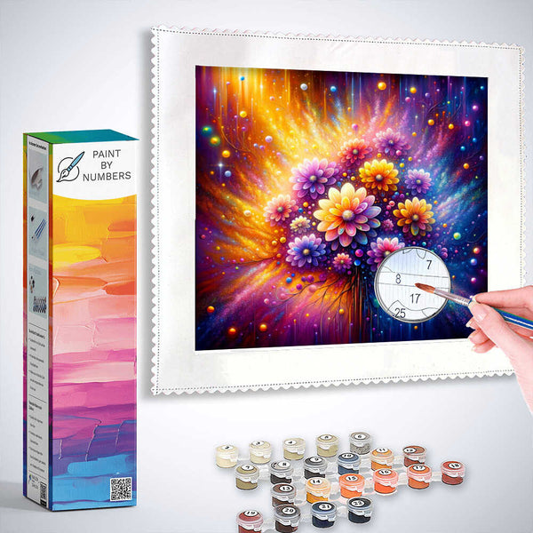 Paint by Numbers kit of Joy of Color: The Glow of Rain Flowers, featuring a vibrant floral canvas and painting tools set.