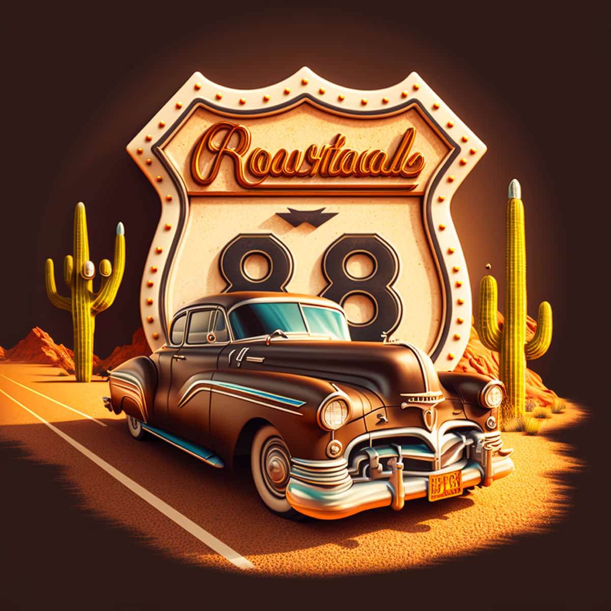 Vintage car on Route 66 with iconic sign and desert background in diamond painting style