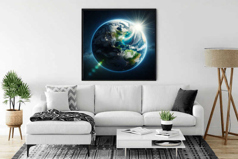 Paint by Numbers - Awakening of the Blue Planet artwork on a modern living room wall, depicting Earth with vibrant blues and greens.