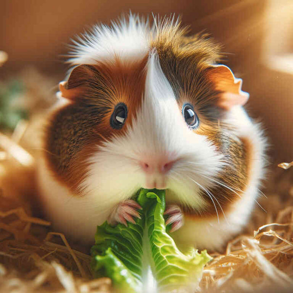 Adorable guinea pig eating a leaf in a cozy bed of straw.