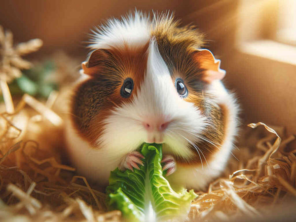 Adorable guinea pig eating a leaf in a cozy bed of straw.