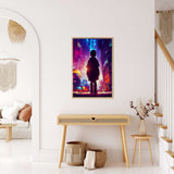 Boy in silhouette looking at a colorful cityscape in a diamond painting hanging in a modern living room. Paint by Numbers kits included.