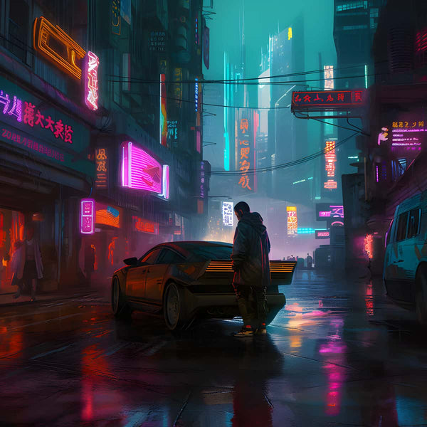 A person standing by a car in a neon-lit futuristic city street at night, showcasing a scene perfect for Paint by Numbers Diamond Painting